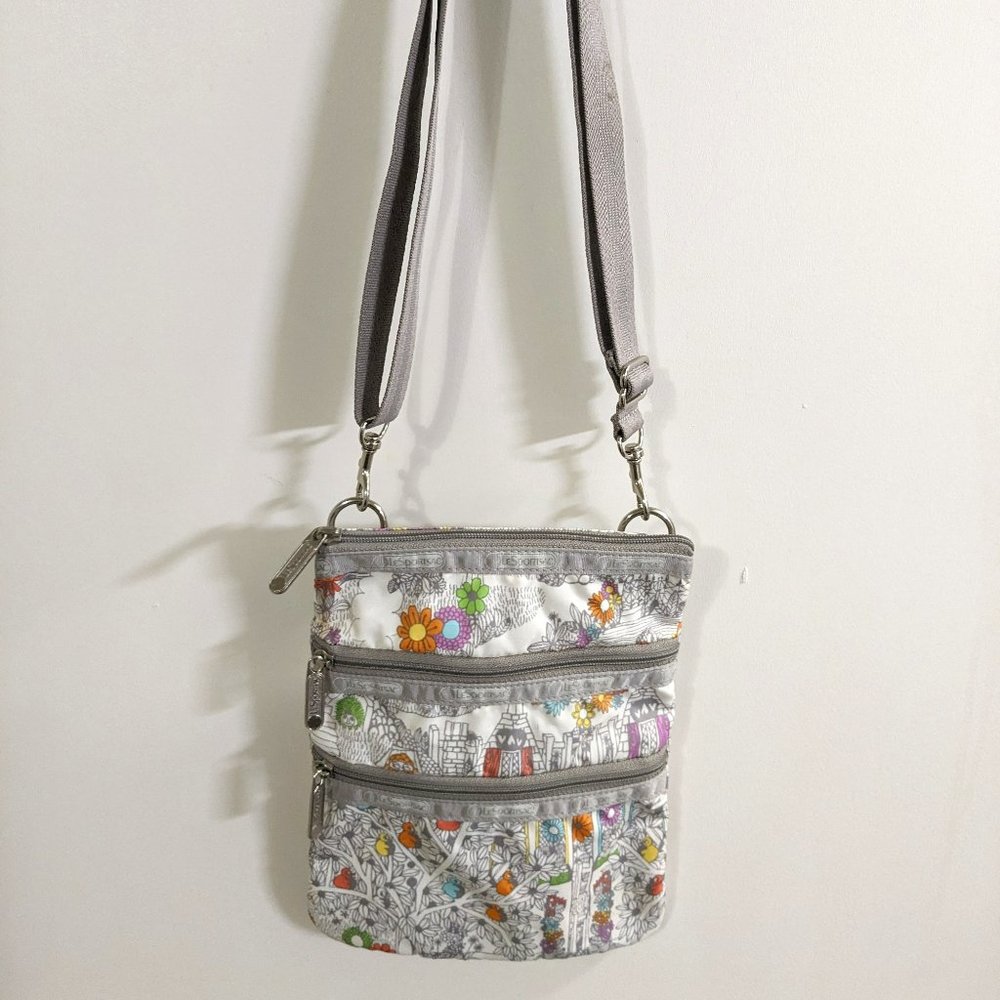 LeSportsac Floral & Bird print 3 Zipper Crossbody Purse Bag